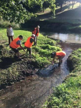 ABOVE: Volunteers from the Friends of Stoneham Walk group clearing out the spring-fed stream from Kirk Crescent that feeds Ruruanga Stream.
