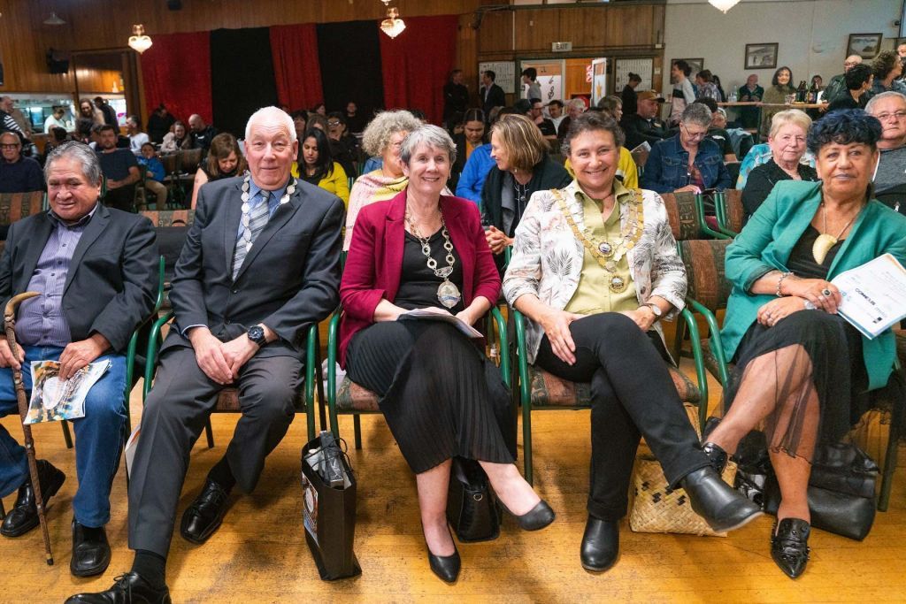 Group photo of three Mayors with Tūwharetoa Kaumatua Te Haukakawa (Boycie) Te Rire and Julia Pura-Mackenzie 