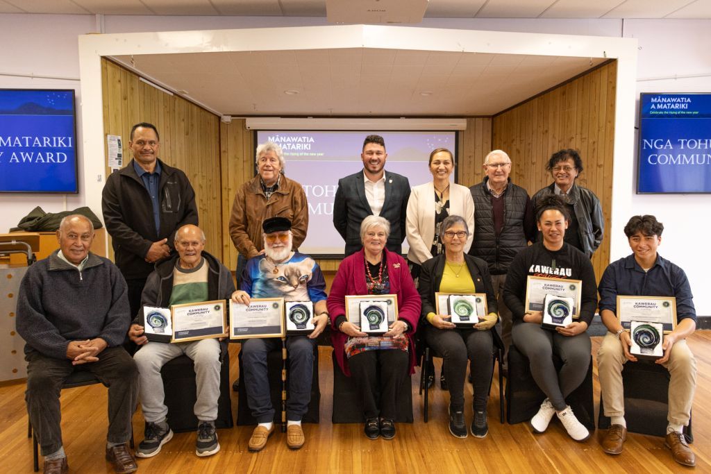 Celebrating the 2024 Community Award winners! (Standing from left) Deputy Mayor Aaron Rangihika, John Capener, councillor Justin Ross, Mayor Faylene Tunui, Kawerau community representative Bill Gibson, Pastor Mark Kingi   (sitting from left) Matiu Campbell, Noel Rogers, Paul Heke, Sharon Heke, Marion Vermeulens, Crystal Burnett and Sidney Waiari 
