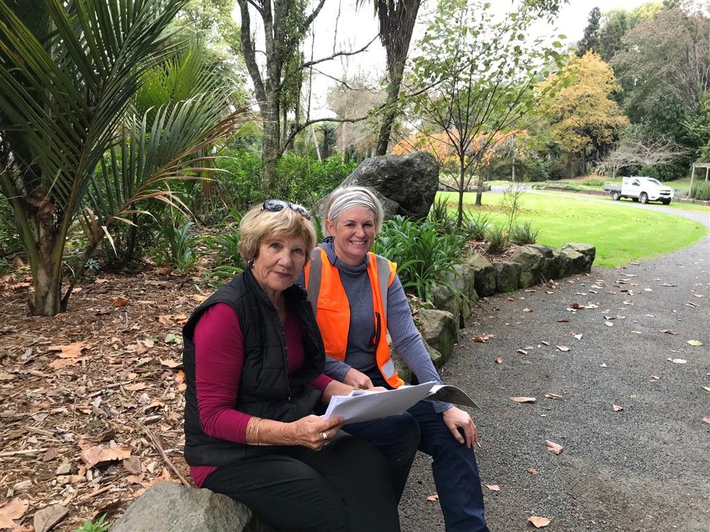 Friends of Stoneham Walk co-ordinator Sheryll Marshall and Kawerau District Council Amenities and gardens team leader Robyn Wilson discuss ideas for planting at Stoneham Walk in Kawerau. 
