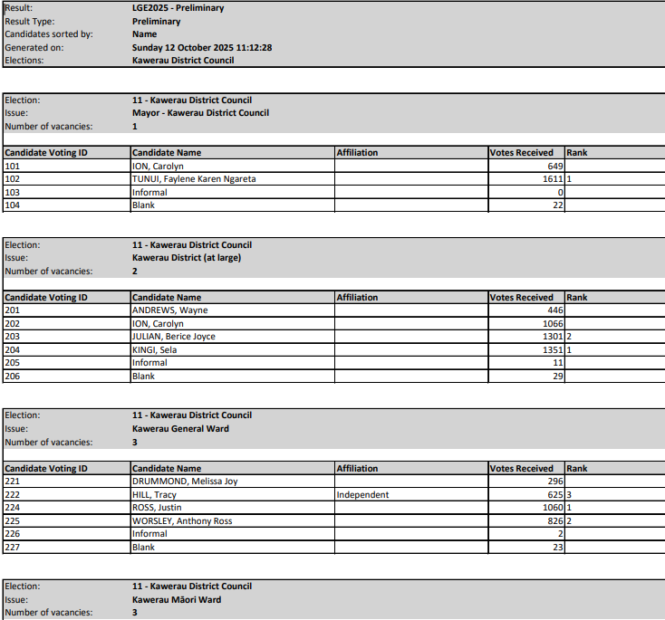 Preliminary Local Election Results 12 October 2025 