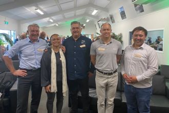 Pathways to Prosperity event guest speakers New Zealand Trade and Enterprise CEO Peter Chrisp, Kawerau Deputy Mayor Sela Kingi, Putauaki Trust Chair Tiaki Hunia, Ngati  Tuwharetoa Geothermal Assets CEO Robbie Watt and Kawerau Council CE Morgan Godfery.