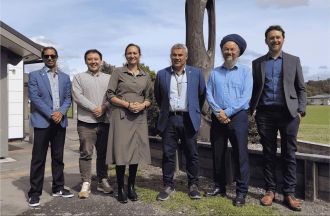 The Waters Working Group at Firmin Lodge in Kawerau (left to right), Rotorua Chief Executive Andrew Moraes, Kawerau CE Morgan Godfery, Kawerau Mayor Faylene Tunui, Opotiki Mayor David Moore, Whakatāne Mayor Nándor Tánczos and Ōpōtiki CE Stace Lewer.