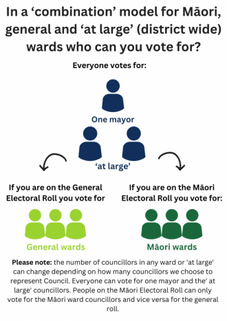 In a ‘combination’ model for Māori, general and ‘at large’ (district wide) wards who can you vote for?